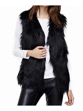 Faux Fur Vest Women L Black Boho Festival Open Front One Hook Fringe Ellison
